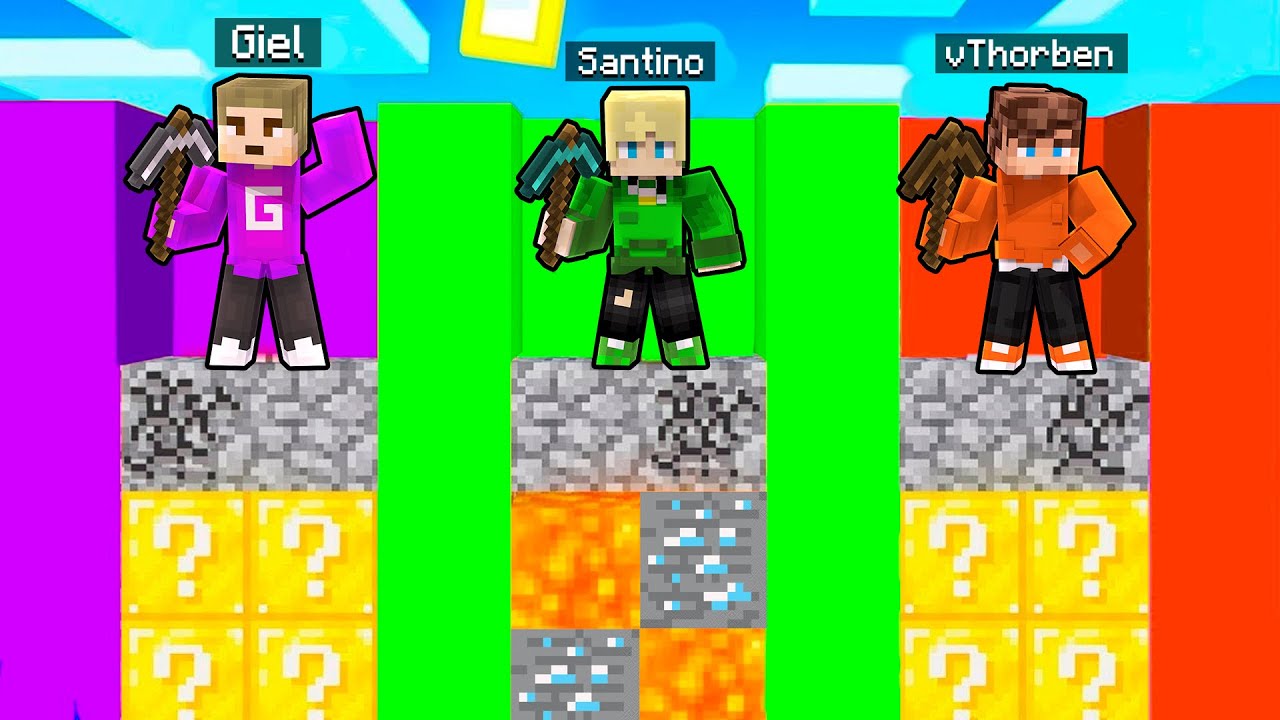 Giel vs Thorben vs Santino Minecraft Luckyblock Race Naar BENEDEN!