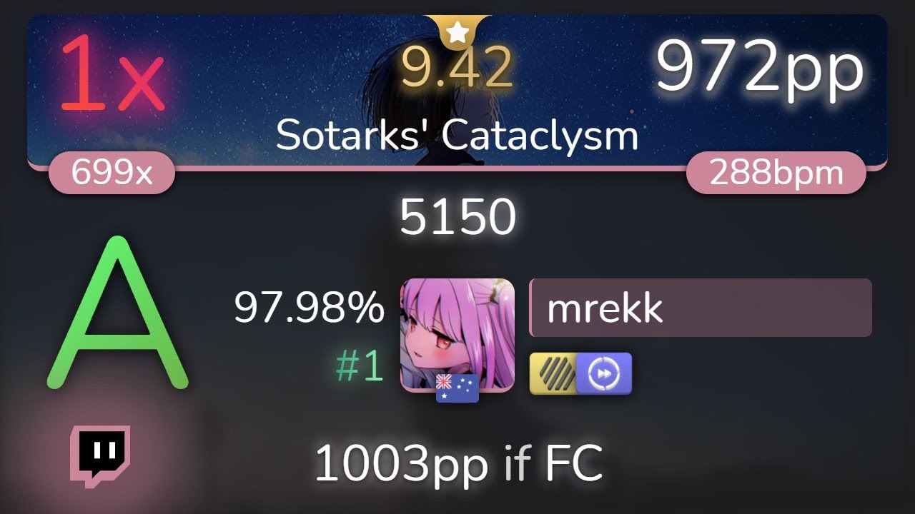 [9.42⭐Live] mrekk | THE ORAL CIGARETTES - 5150 [Sotarks' Cataclysm] +HDDT 97.98% {#1 972pp 1❌}- osu!