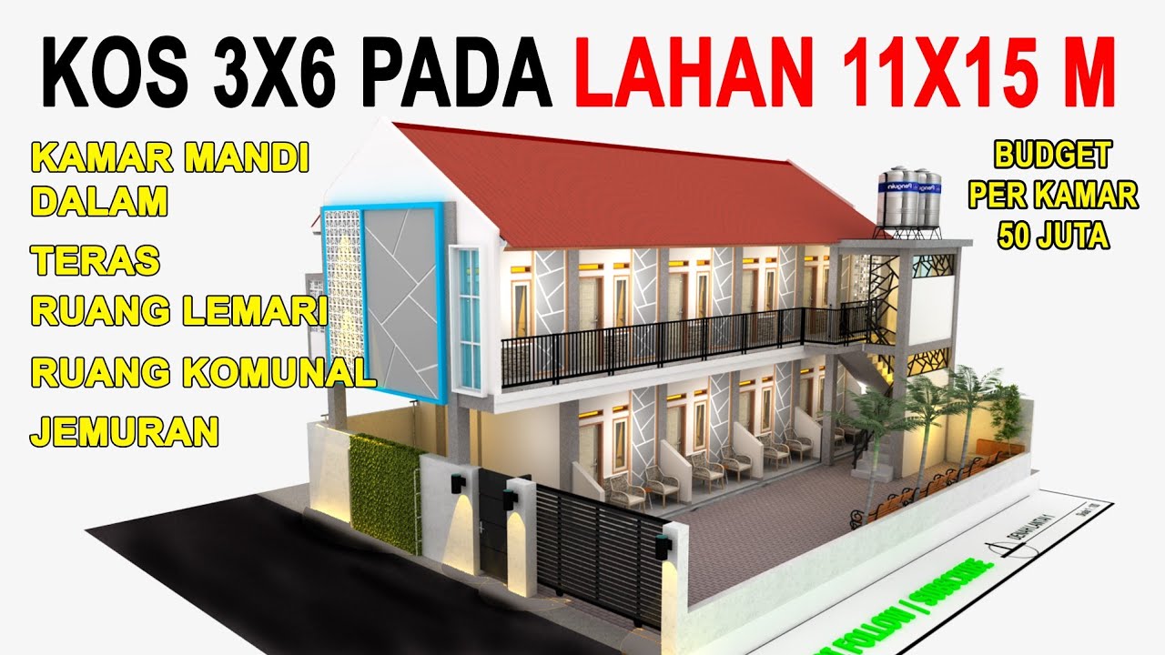 DESAIN KOS KOSAN 3X6 PADA LAHAN 11X15 M || Kamar Mandi Dalam & Jemuran