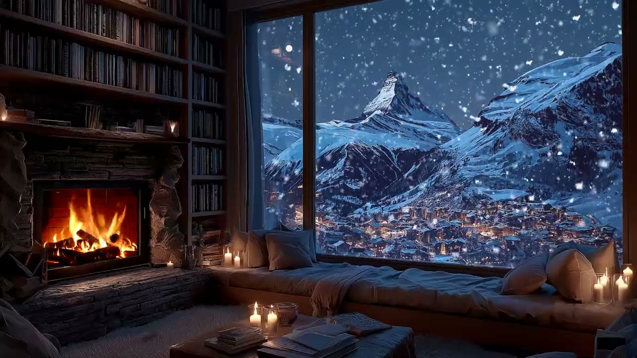Midnight Snowroom | Whispering Wind and Soft Firelight in a Quiet Snowy Midnight Room