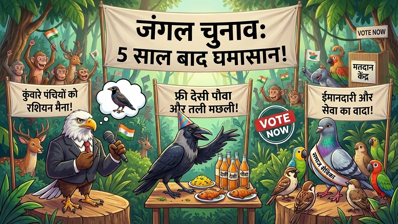 जंगल चुनाव: बाज़ ने किया 'रशियन मैना' का वादा! | बाज़ vs कौवा vs कबूतर: जंगल का सबसे गंदा चुनाव!
