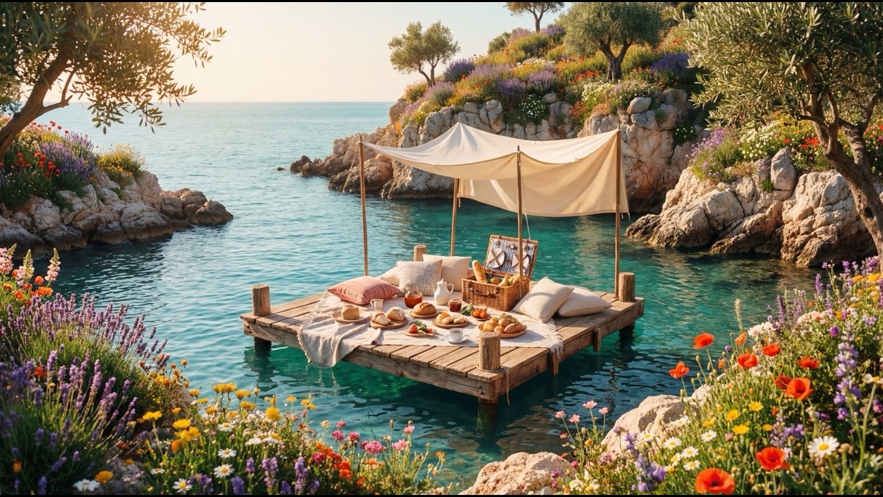 Floating Mediterranean Breakfast 🥐 Crystal Clear Water & Nature Sounds