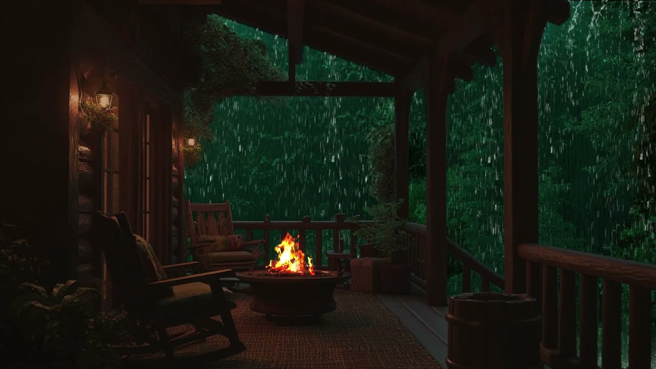 Heavy Rainfall with Fireplace Crackle for Cozy Relaxation and Calm