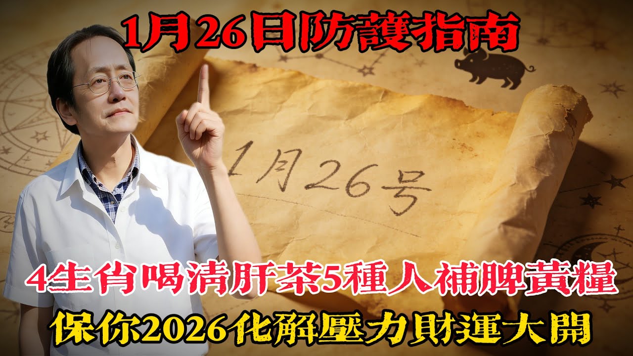 1月26日防護指南，4生肖多喝清肝茶，5種人吃補脾黃糧，助你2026馬年化解壓力財運大開！#倪海廈 #生肖 #黃曆