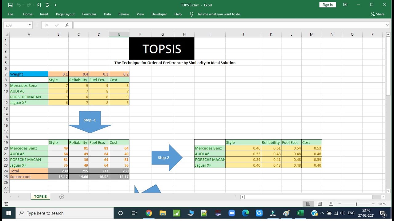 Practical of TOPSIS (Technique for Order Preference by Similarity to the Ideal Solution) in Excel