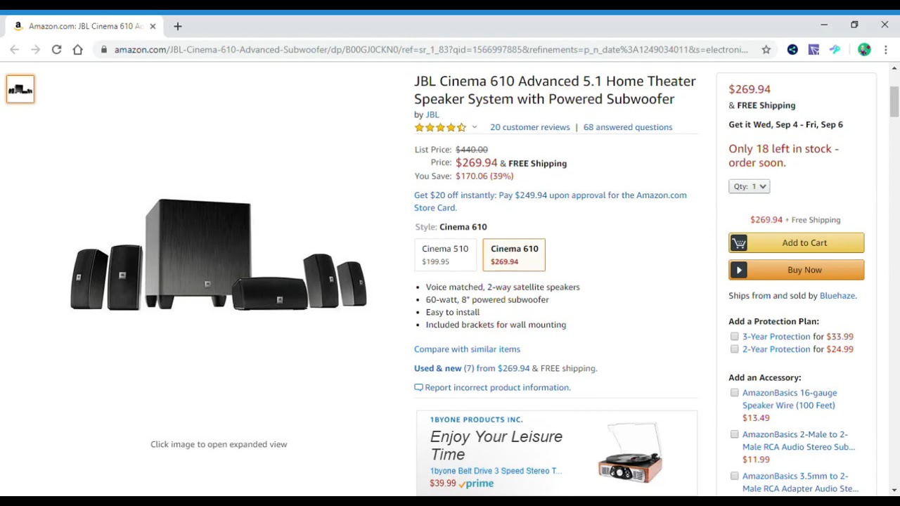 JBL Cinema 610 Advanced 5.1 Home Theater Speaker System with Powered Subwoofer