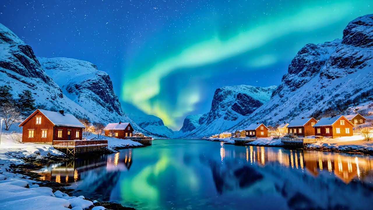 Northern Lights Fjord Night 🌌 Peaceful Arctic Winter Ambience & Soft Jazz Music
