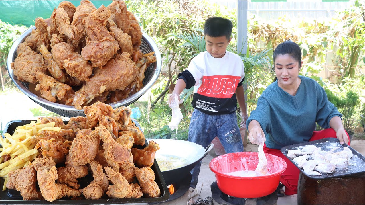 Mommy Sreypov teach son how to make crispy chicken drumsticks - Cook and eat