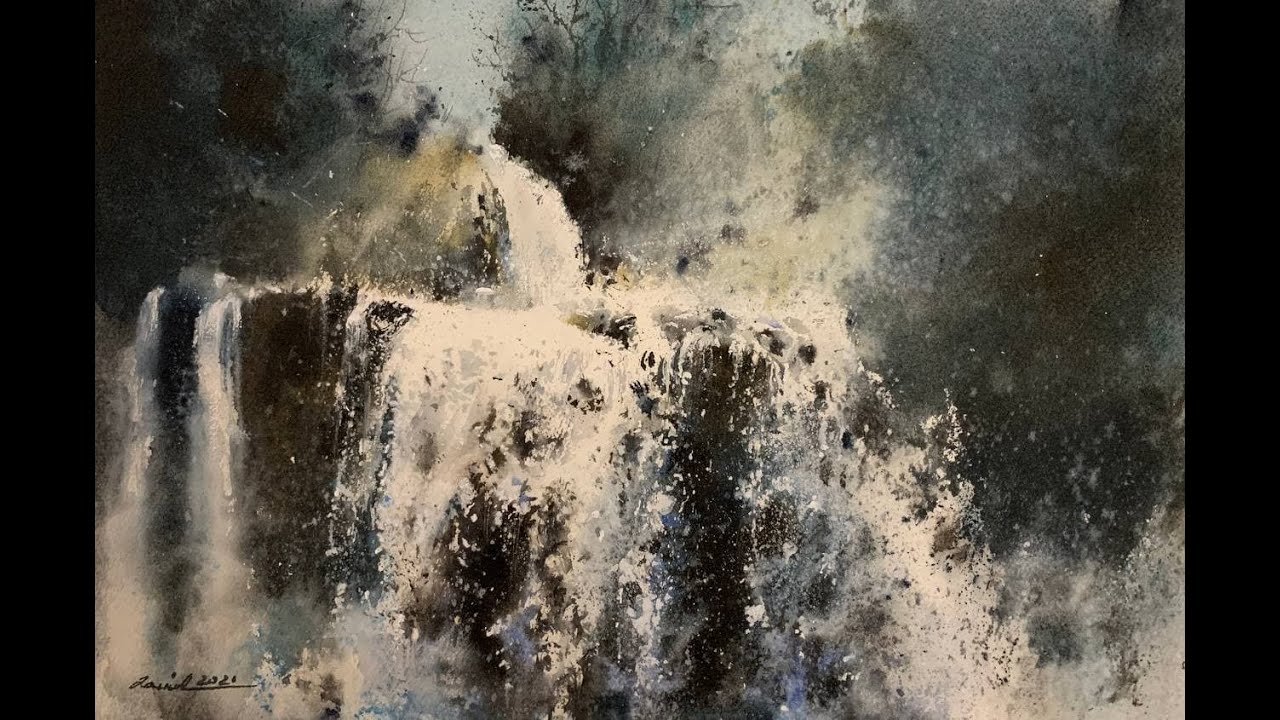 How to paint waterfall in watercolor painting demo by javid tabatabaei