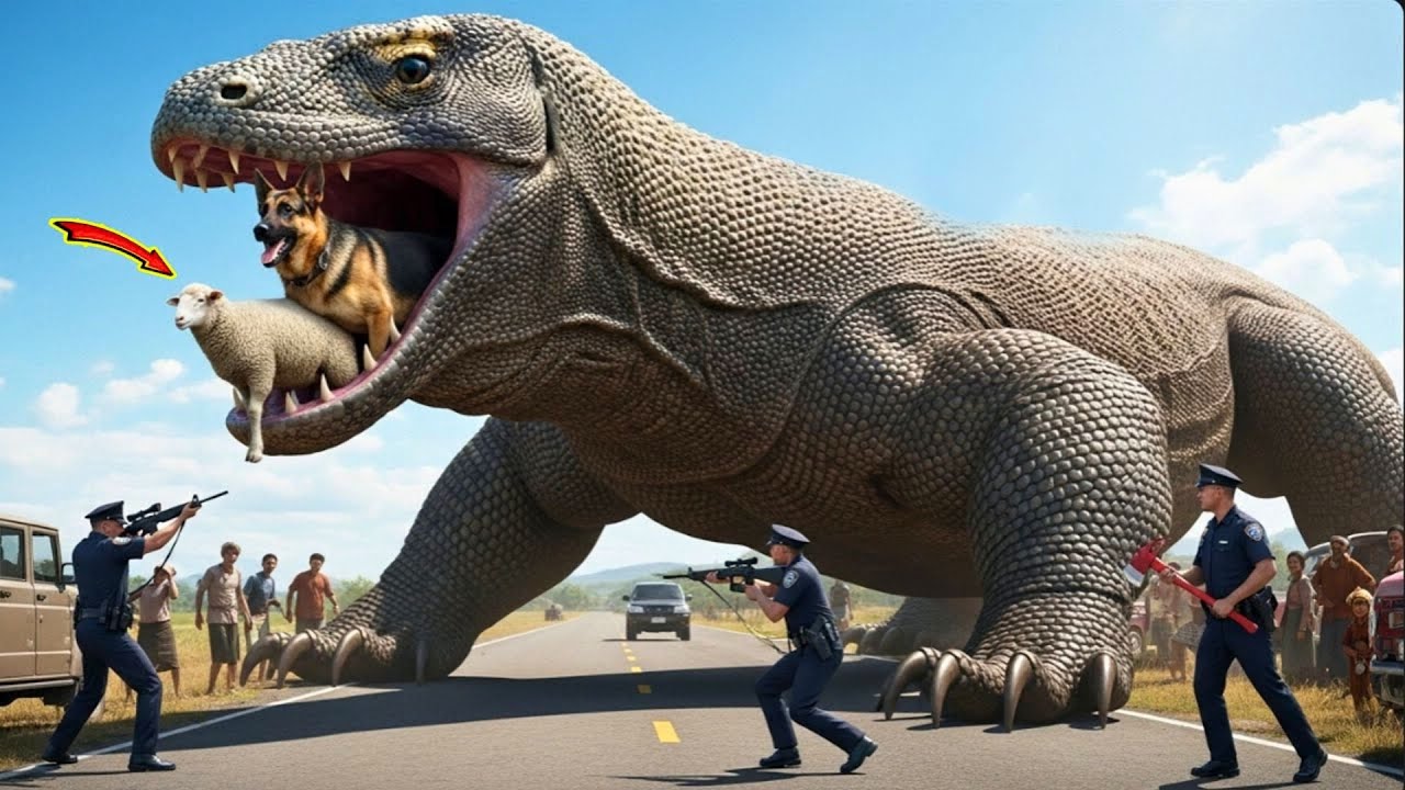 Heroes Confront Giant Komodo Dragon to Save German Shepherd and Sheep