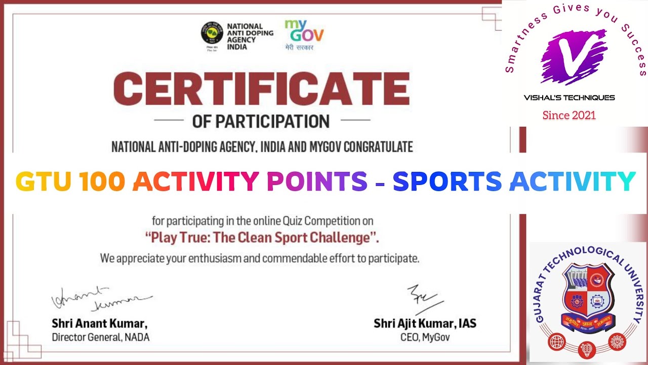 GTU 100 Activity Points - Sports Certificate | Play True The Clean Sport Challenge | Quiz