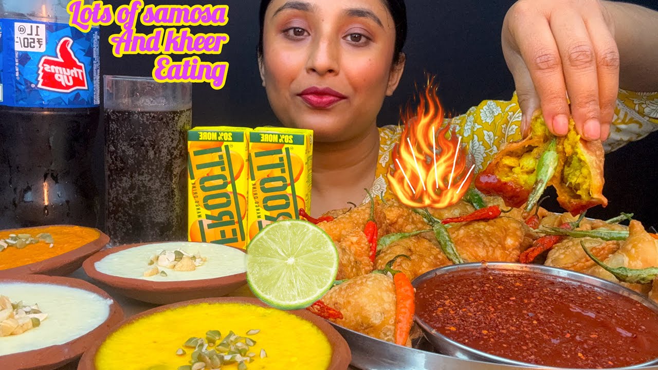 Eating lots of samosa and Kheer with soft drinks| Eating show #bengalifoodiesisters 