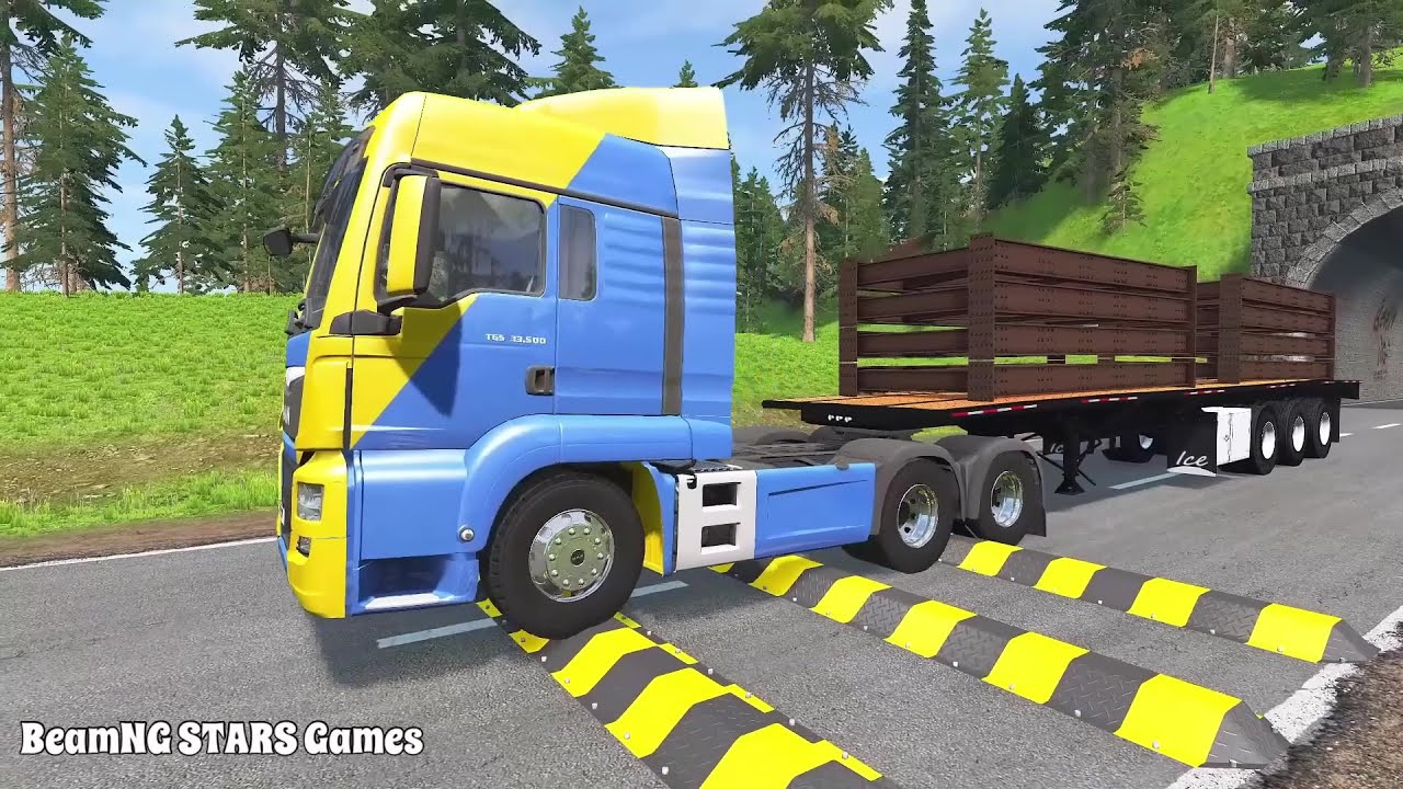 TRUCKS, CARS, LONG BUS Vs MASSIVE SPEED BUMPS - BeamNG.Drive