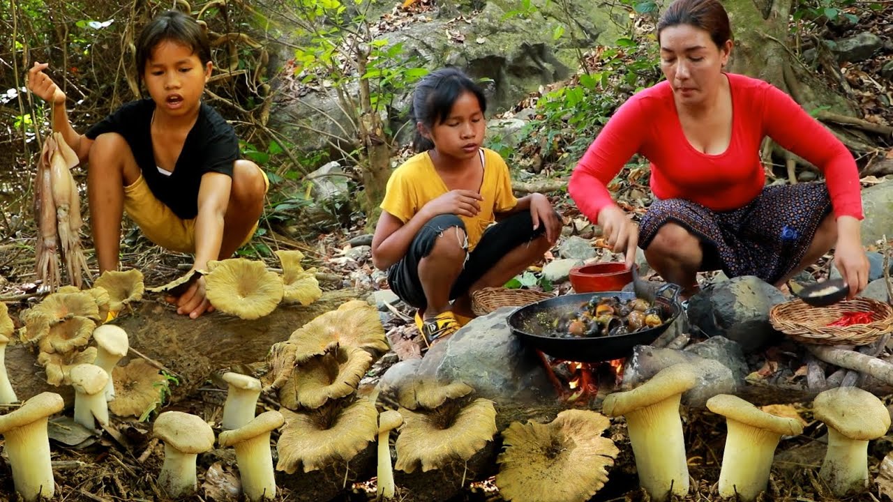 Pick mushroom in forest- Cooking squid hot spicy with mushroom so delicious +5food of survival
