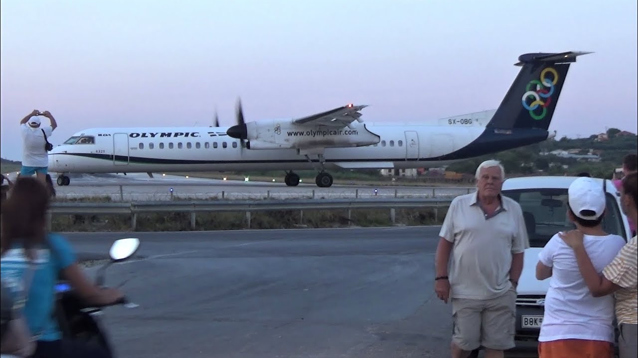 LANDING AND TAKEOFF IN THE SUNSET - Olympic Q400 at Skiathos with ATC Comms!