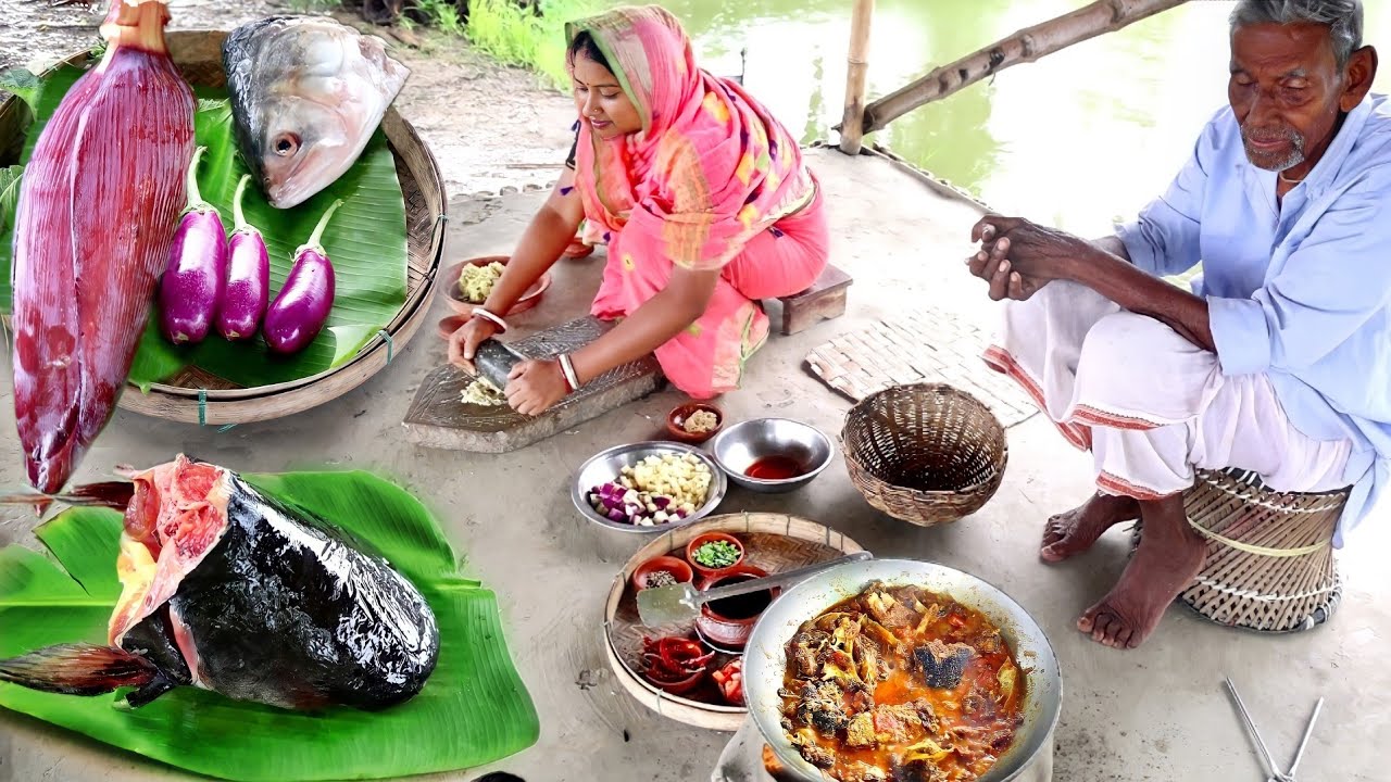 গ্রাম্যপদ্ধতিতে মাছের মাথা দিয়ে কাঁটা চচ্চড়ি আর ইলিশ মাছের মাথা দিয়ে মোচার ঘন্ট রান্না||village food
