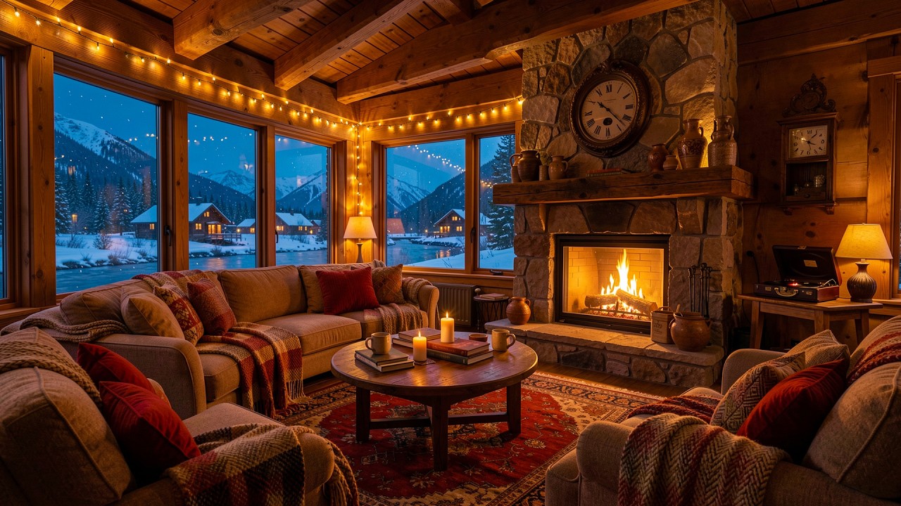 Relaxing Jazz Music in a Warm Cabin ❄️ Winter Snowfall & Crackling Fireplace for Calm & Focus