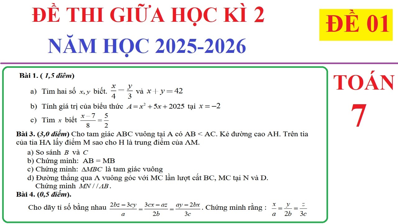 TOÁN 7- ĐỀ 1 - ĐỀ THI GIỮA HỌC KÌ 2 TOÁN 7 NĂM 2025-2026. ÔN TẬP HỌC KÌ 2 SGK MỚI KNTT
