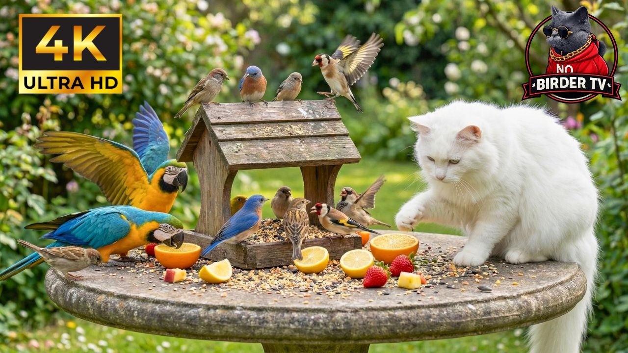 CAT TV NO ADS 🕊️ Весёлые птицы и игривые белки у кормушки 🐿️ Видео для кошек 4K HDR
