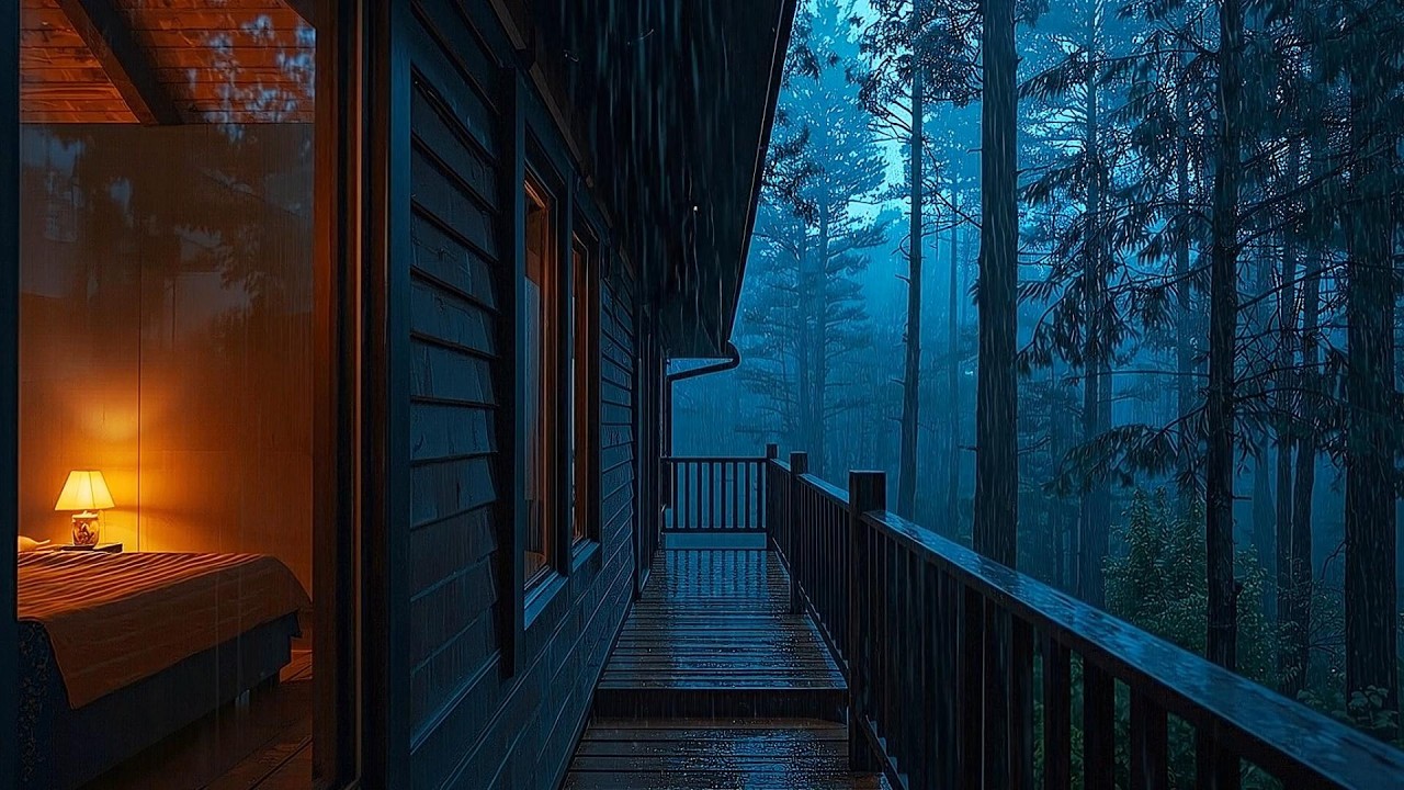 Rainy Night on a Warm Cabin Balcony | Dark Forest Ambience for Insomnia Relief & Instant Relaxation