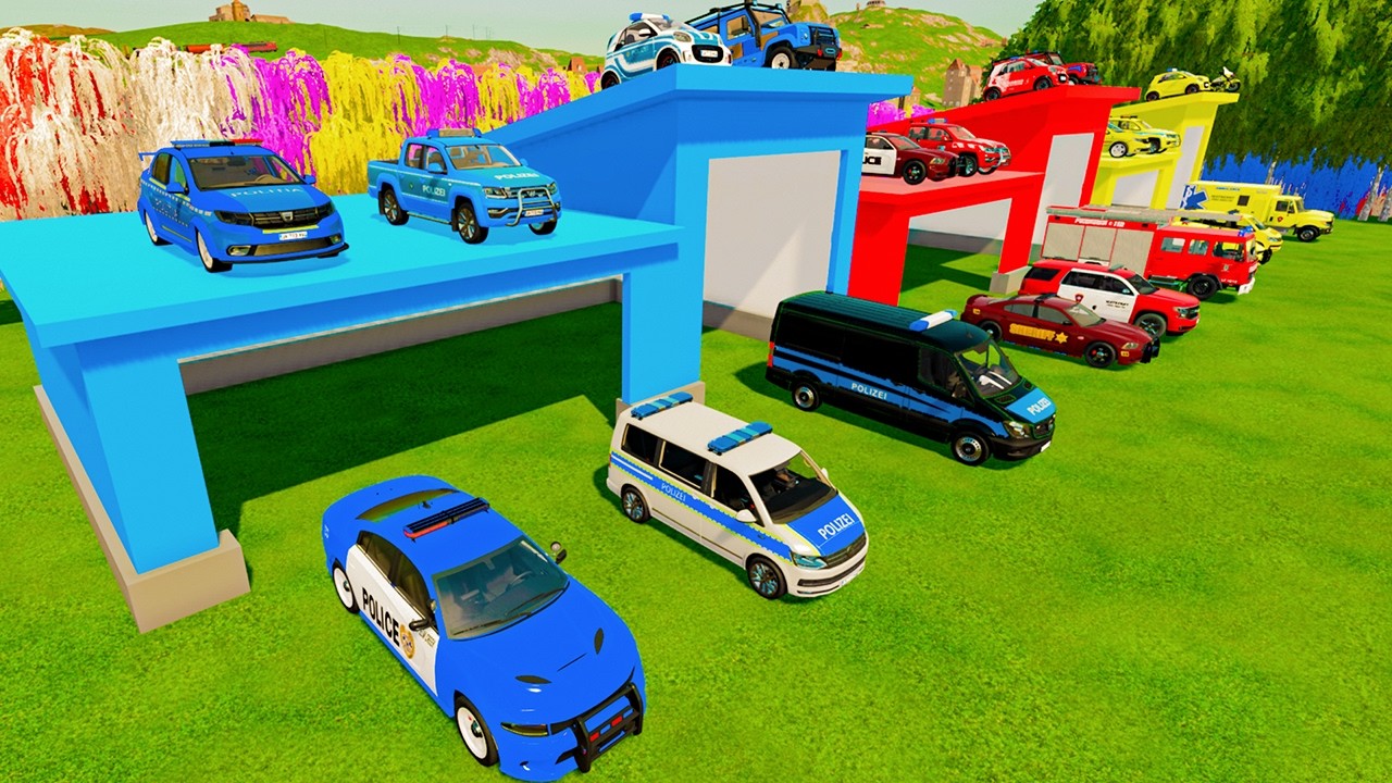 TRANSPORTING COLORFUL CARS, POLICE, AMBULANCE & FIRE TRUCKS | FARMING SIMULATOR 22