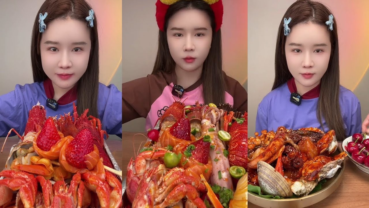 Yummy #304:Eat seafood 🦞 salmon red devil shrimp 🍤🦐 squid 🦑🐙#mukbang #yummy #delicious 