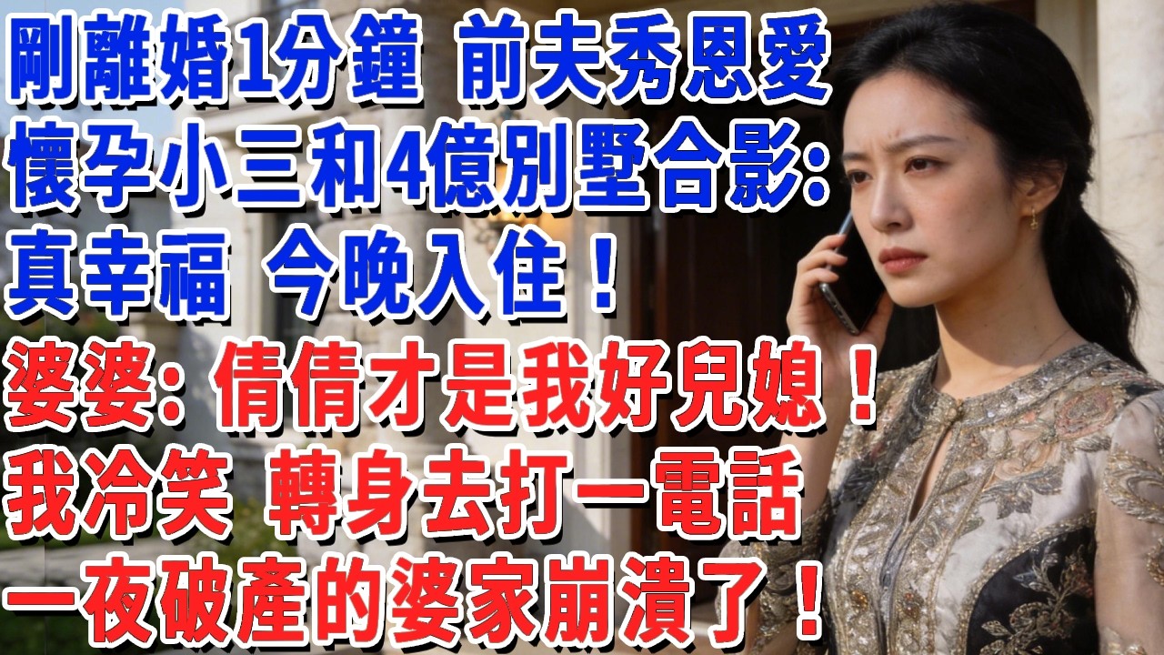 剛離婚1分鐘 前夫秀恩愛，懷孕小三和4億別墅合影：真幸福 今晚入住！婆婆：倩倩才是我好兒媳！我冷笑 轉身去打一電話，一夜破產的婆家崩潰了！#小娟講故事 #情感故事 #老年生活