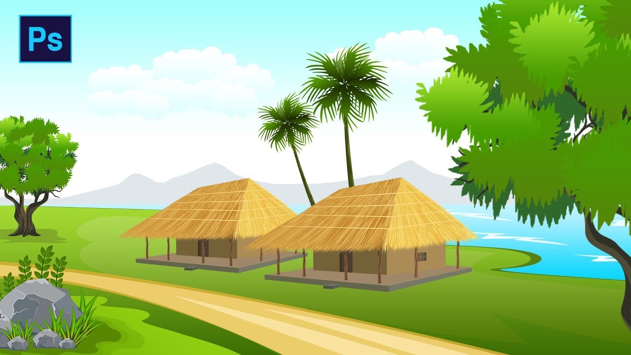 #Photoshop Tutorial - How to make Beautiful Home Scenery Landscape drawing step by step.