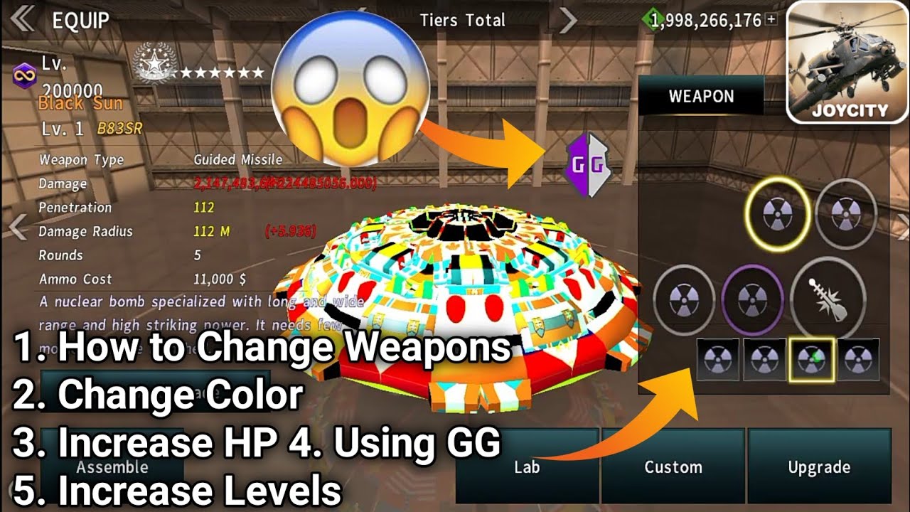 How To Upgrade Black Sun Levels+ HP+ Weapons And Change Color Using GG In Gunship Battle