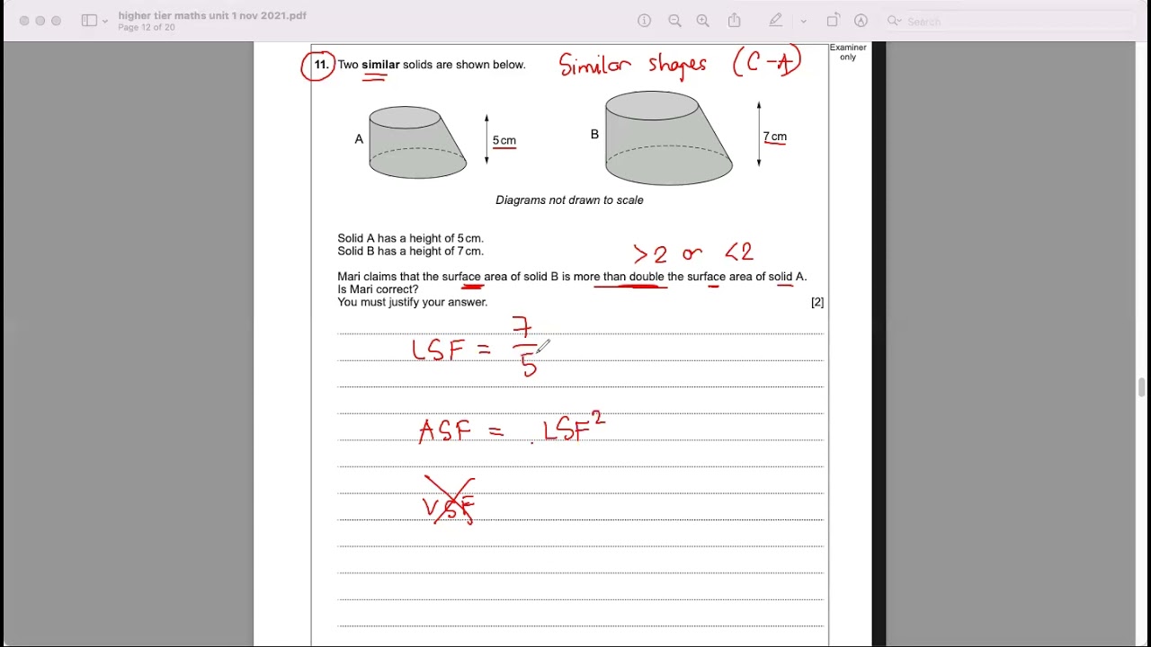 Q11 Higher Maths U1 Nov 2021 WJEC - Similar Shapes  #wjec #exams2022 #maths