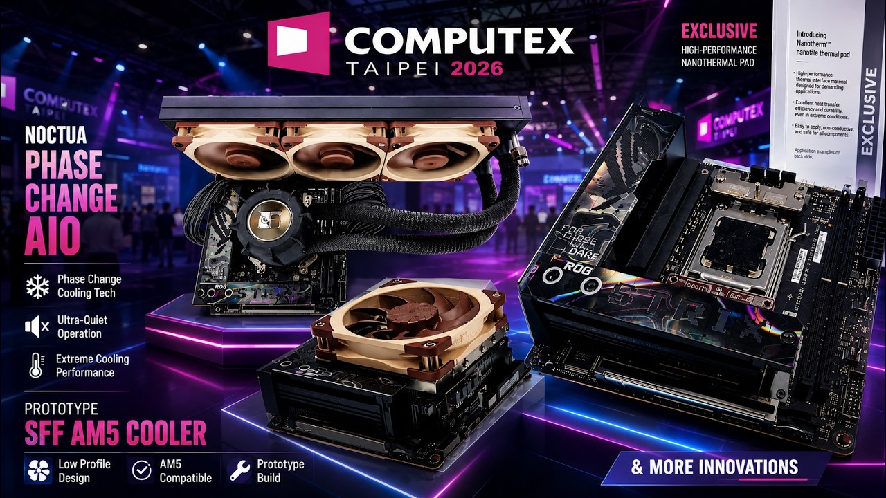 Noctua Phase-Change AIO, Auxiliary Fan, NT-CP1 Carbon Nanotube Thermal Pad, Prototype SFF AM5 Cooler