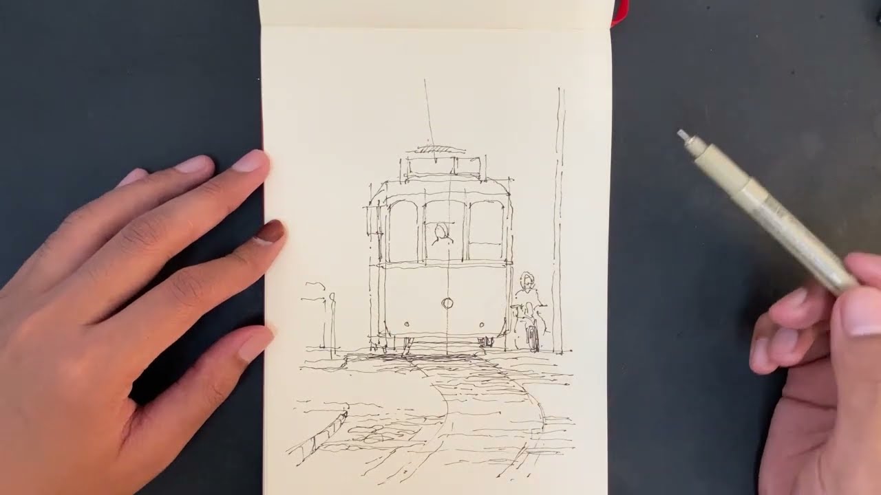 How i draw tram in Lisbon | Urban sketching beginner tutoria
