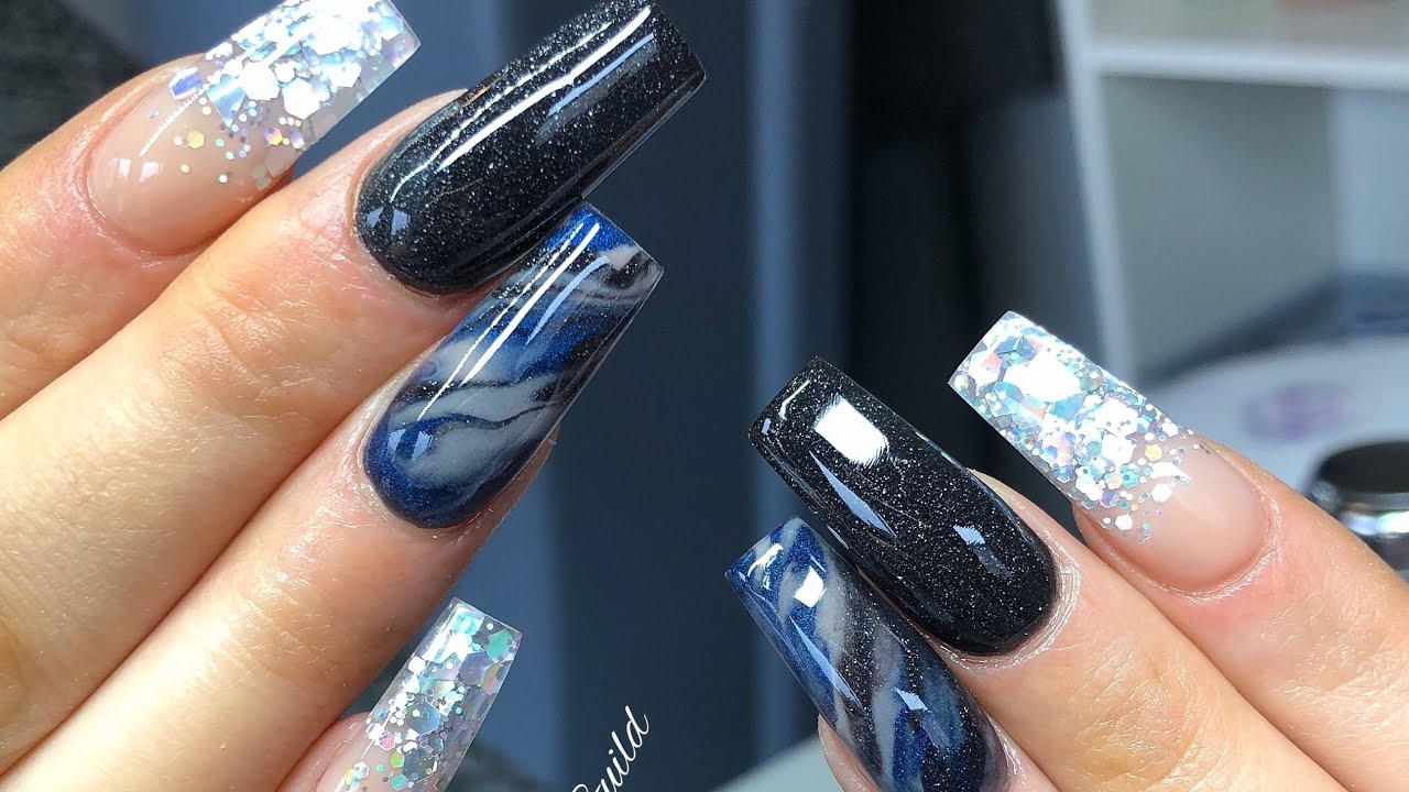 Midnight Blue And Black  Diamond Acrylic Nails