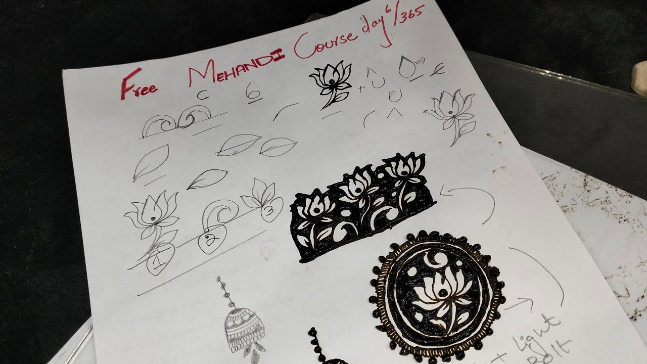 6/365 day's of free mehndi course | lotus flower design making | basic elements banany  ka tareeqa 