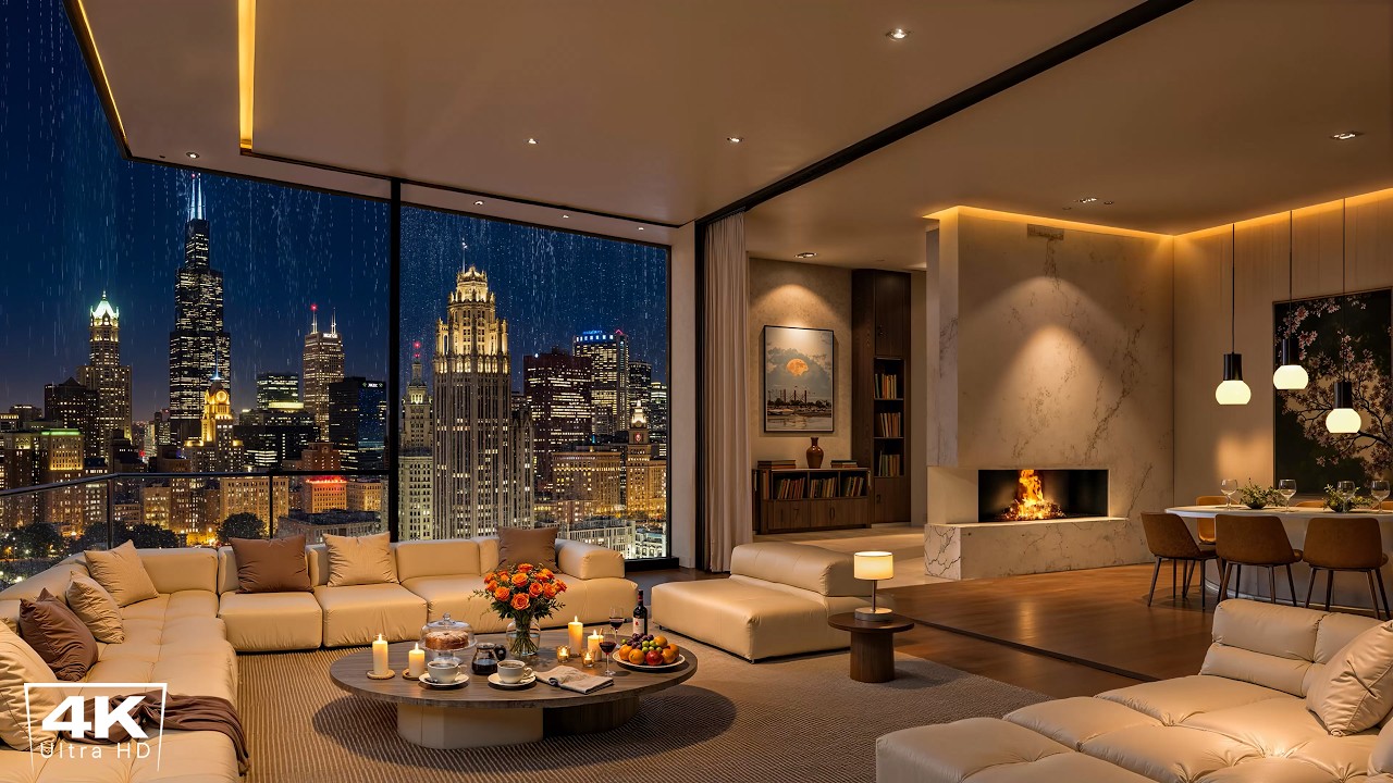 [4K] Cozy Chicago Apartment on Rainy Night | Relaxing Piano Jazz & Gentle Rain Sounds for Deep Sleep