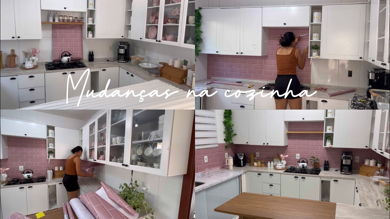 Transformação cozinha rosa | Coloquei papel de parede na cozinha e ficou muito diferente