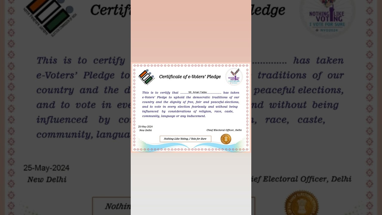 election commission of India ke Dara certificate of e-Voters Pledge (Aman Yadav)