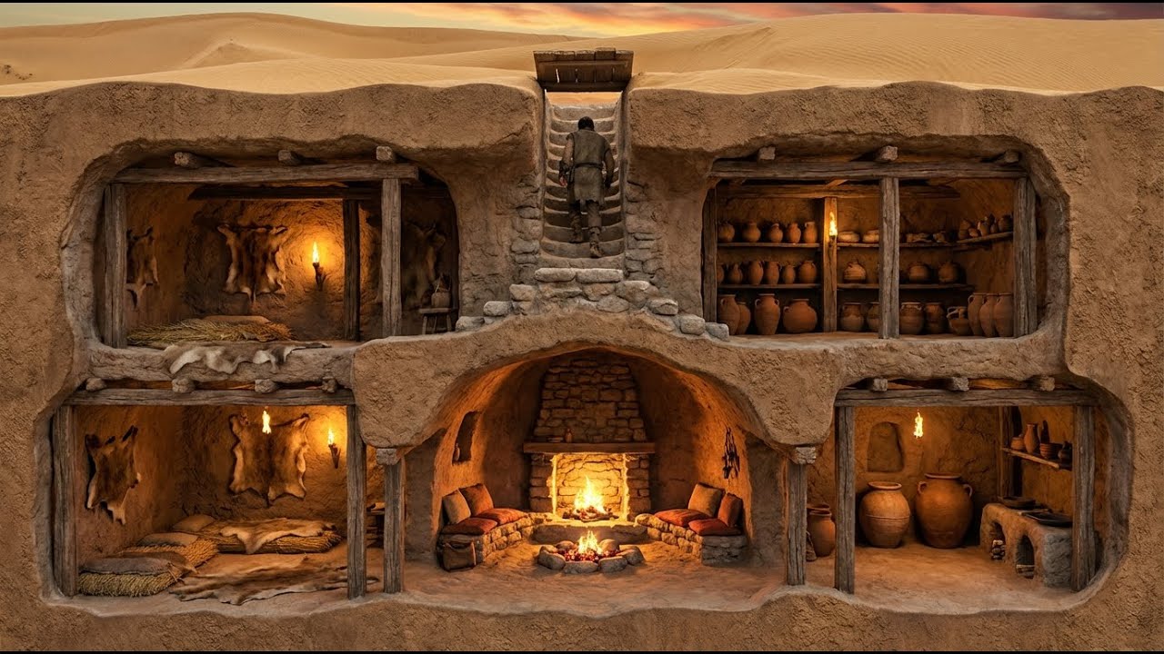 Building a Secret 3-Chamber Home Under the Dunes | Primitive Life and Construction (+125°F)