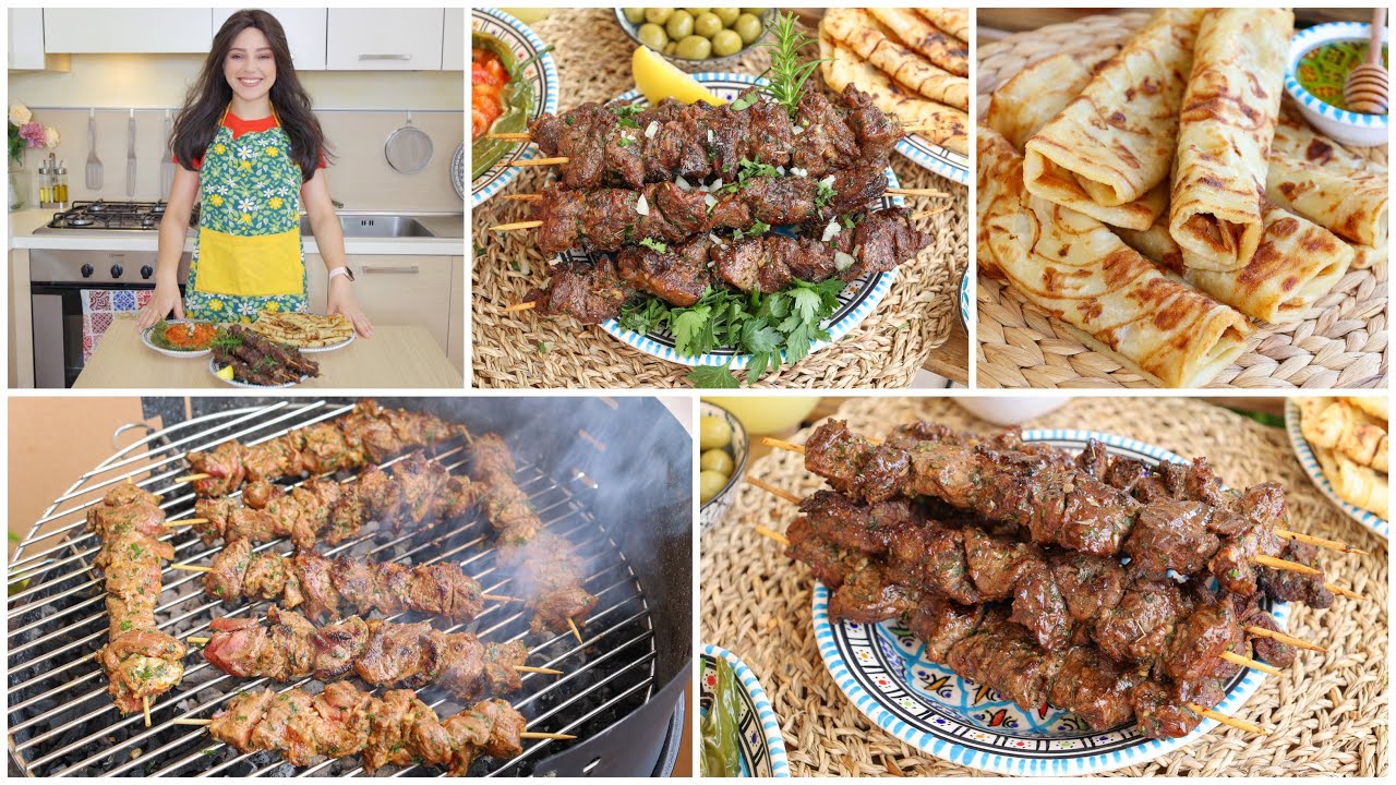 عيد الإضحى🐏سر طراوت سفافد اللحم المشوية على الفحم بتتبيلة رائعة😍صلصة طماطم فرشكة وخبز ملاوي بالسميد😋