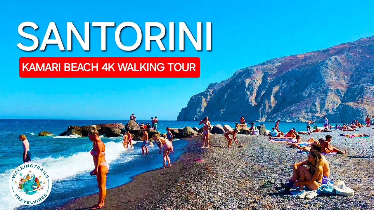 Kamari, Greece 🇬🇷 - Santorini Beach Walk in 4K Ultra HD with Captions