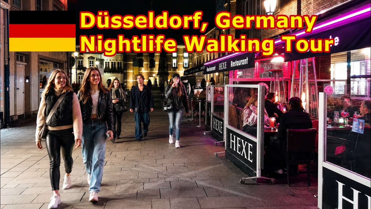 Dusseldorf Nightlife Walking Tour, Germany 🇩🇪 Street Walk HD feat. “The Longest Bar in the World”