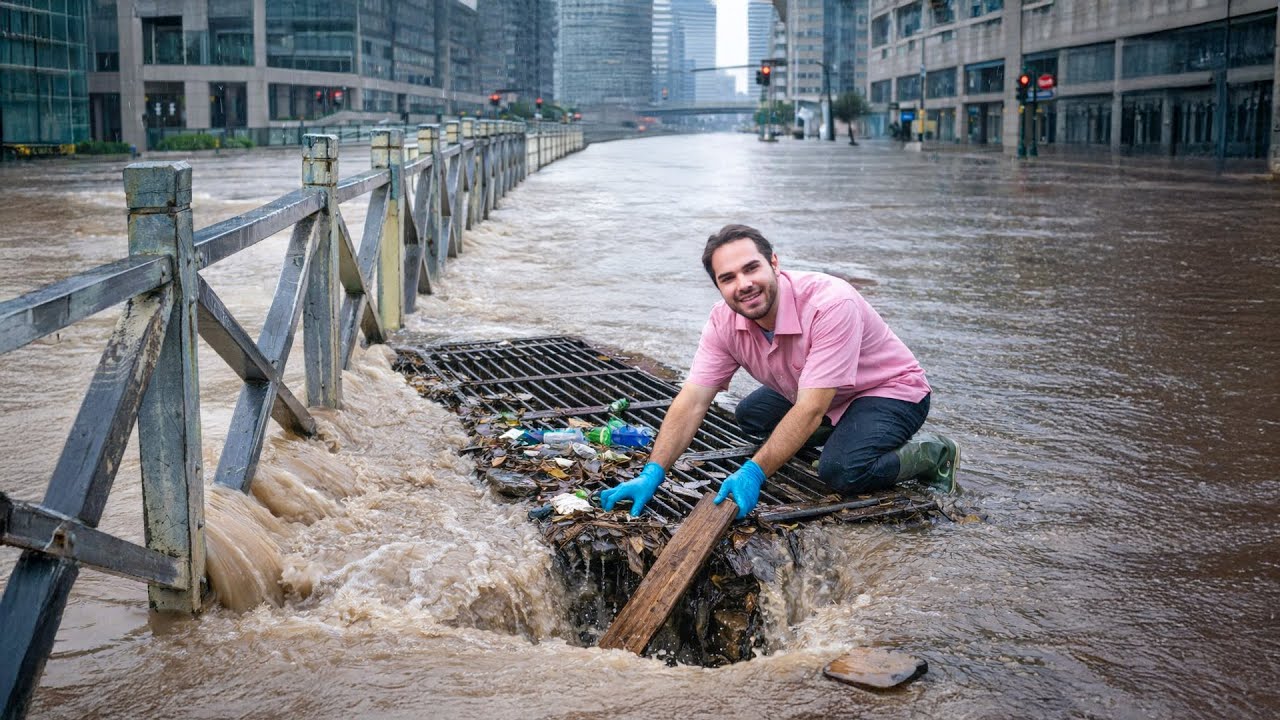 City Road Rescue Clearing a Drain During Heavy Flooding