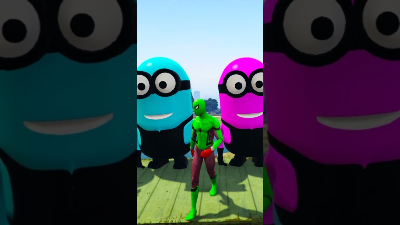 GTA 5 RED SPIDERMAN vs BLUE & GREEN MINION Ragdoll Moments! #epicbattle #gta #funnygta5 #07