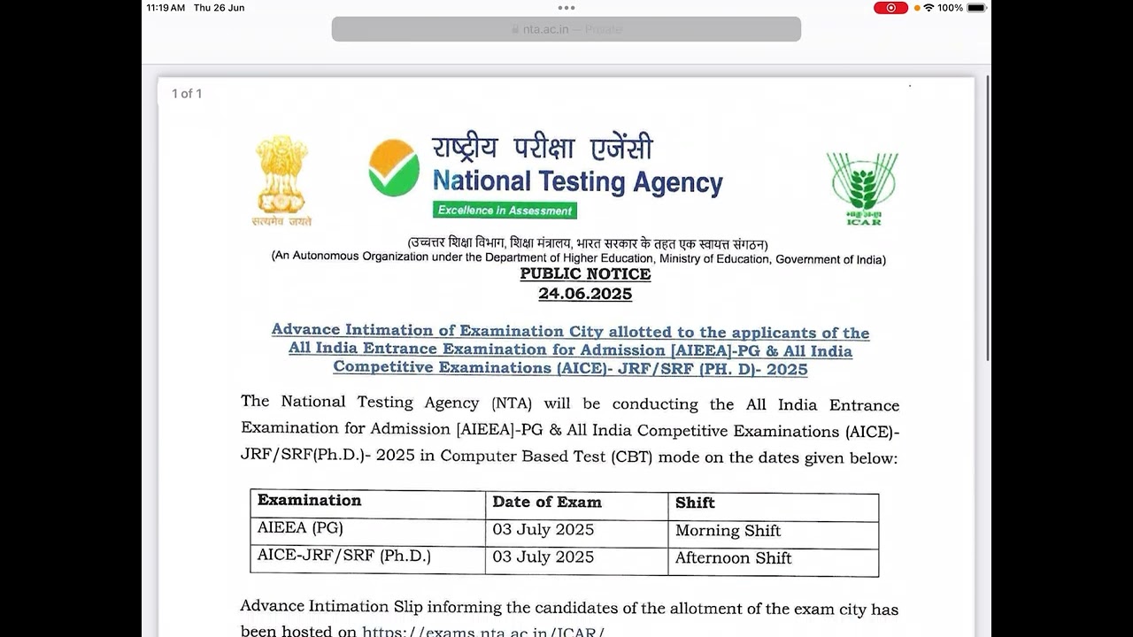 AIEEA & AICE - JRF /SRF (PH. D}-2025 Exam centre intimation