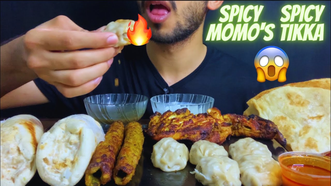 EATING SPICY MOMO'S+ SPICY CHICKEN+ SEEKH KEBAB+ LACHHA PARATHA+ SHAWARMA+ SPICY SAUCES | ASMR