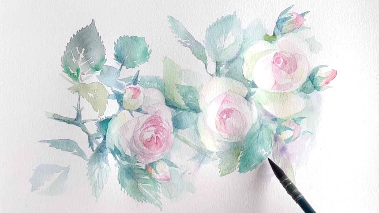 透明水彩でバラの花を描く/watercolor/制作過程