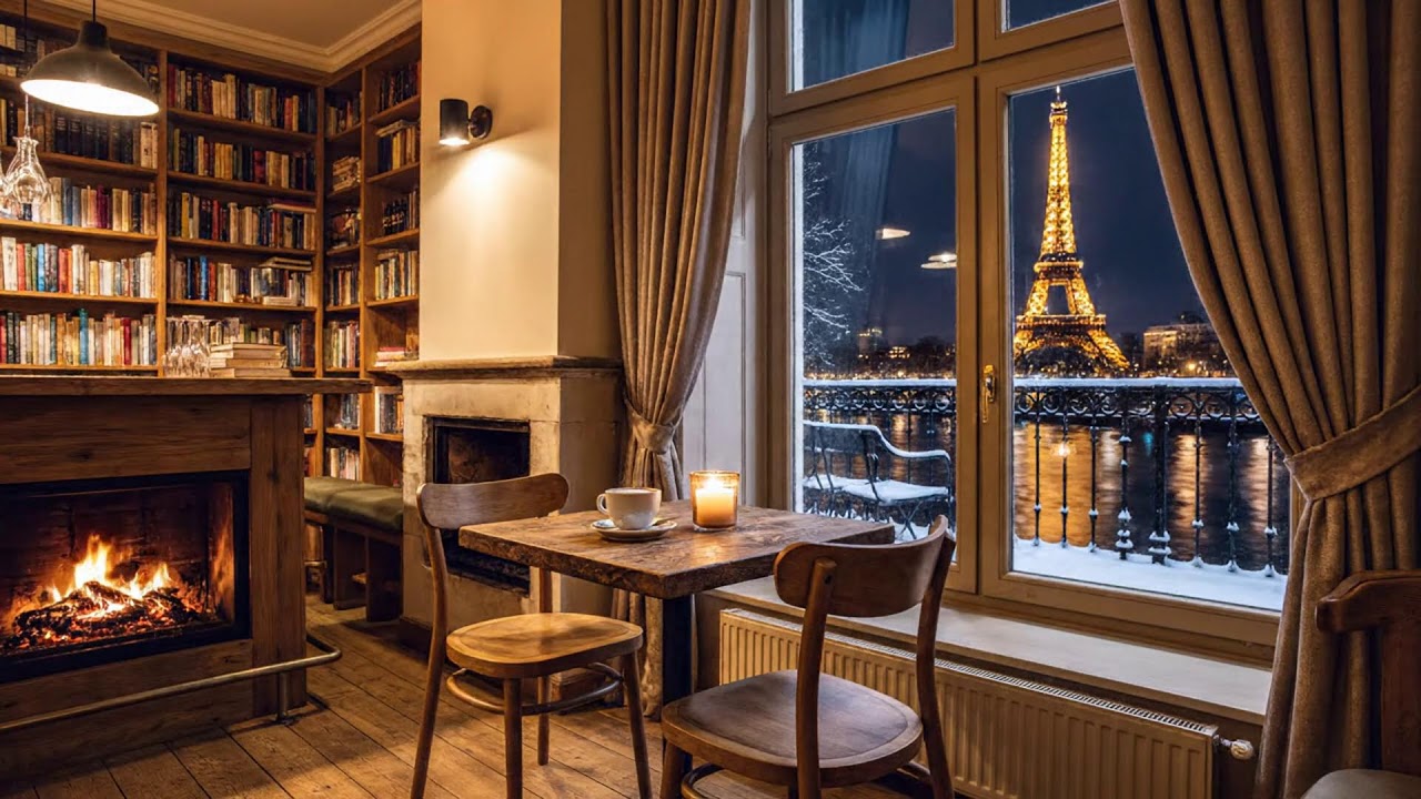 Winter Night Café with Falling Snow ~ Gentle Jazz Piano and Cozy Fireplace Sounds For Relax