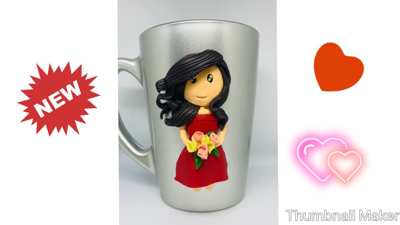 Mug decorated with polymer clay doll- عروسة بالصلصال الحراري على الماج
