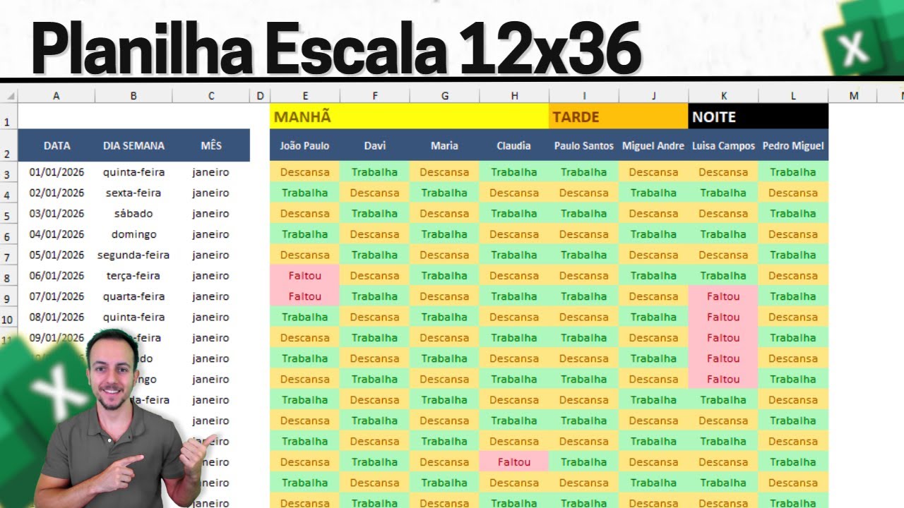Escala de Trabalho 12x36 no Excel | Planilha Grátis e Como Fazer | Calendário, Cronograma