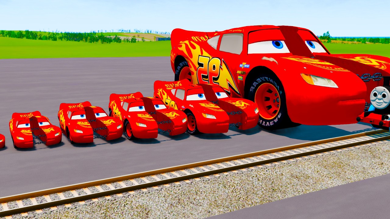 Big & Small McQueen with Monster Wheels VS Train | BeamNG.drive